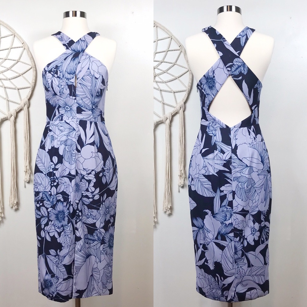 Keepsake Purple Floral Crossover Bust Dress